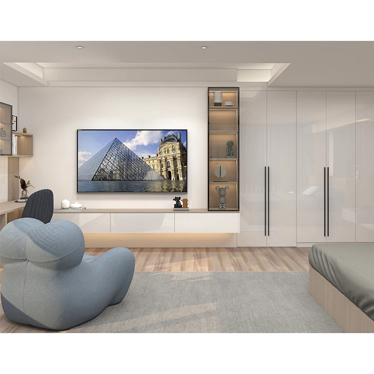 Custom Living Room Floating Led Light Tv Unit Stand Cabinets Set Modern Wall Hanging Mdf Wooden Tv Cabinet for Home Hotel Villa