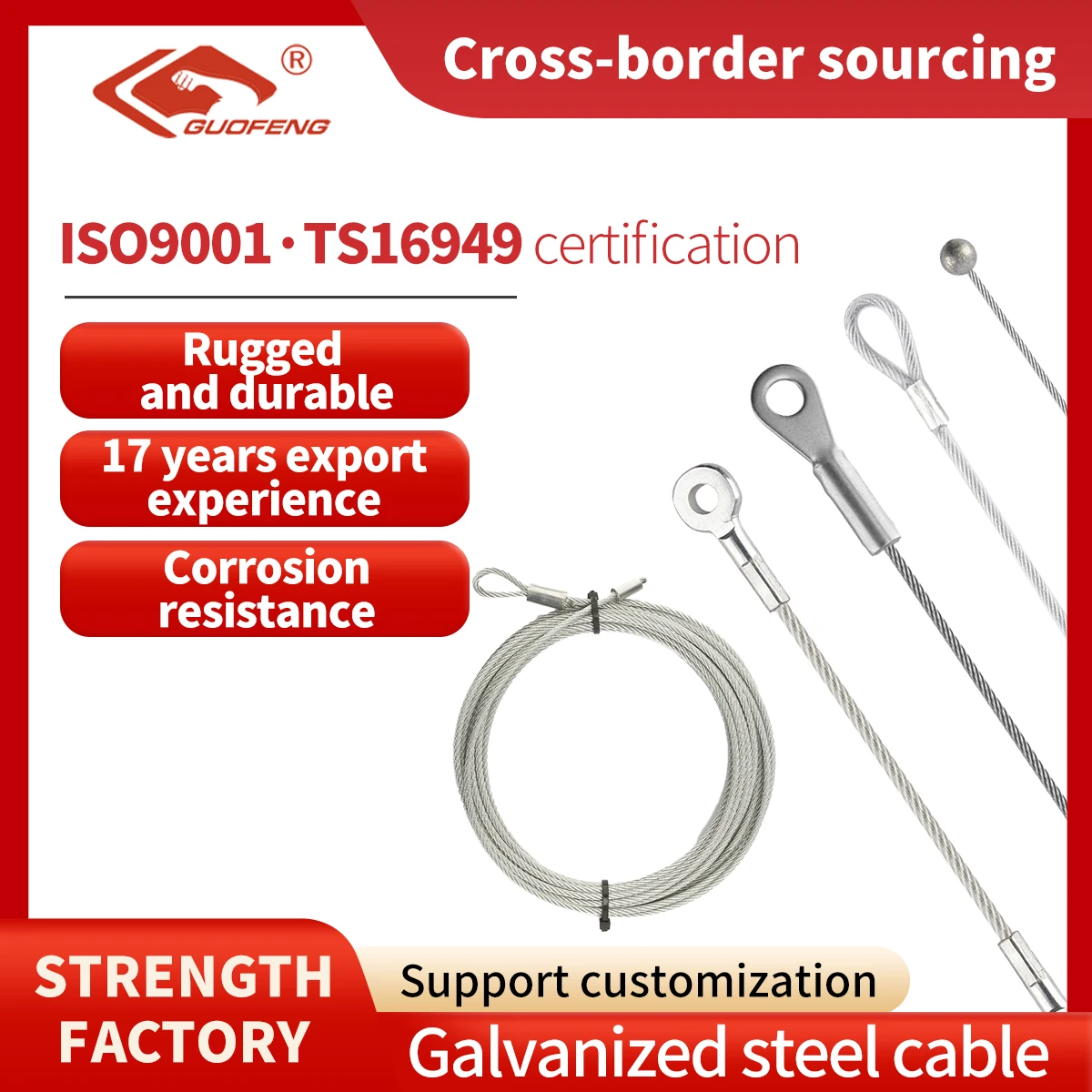 Custom High Quality 7*7 Galvanized Stainless Steel Wire Rope Cable Assembly With Loop End Hook Stopper Eye Terminal Fittings