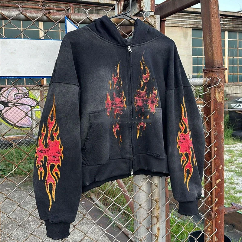 OEM Streetwear Custom Heavyweight Printing Pattern Oversized Sun Faded Cotton Terry Vintage Cropped Acid Wash Zip up Hoodies Men gallery 7