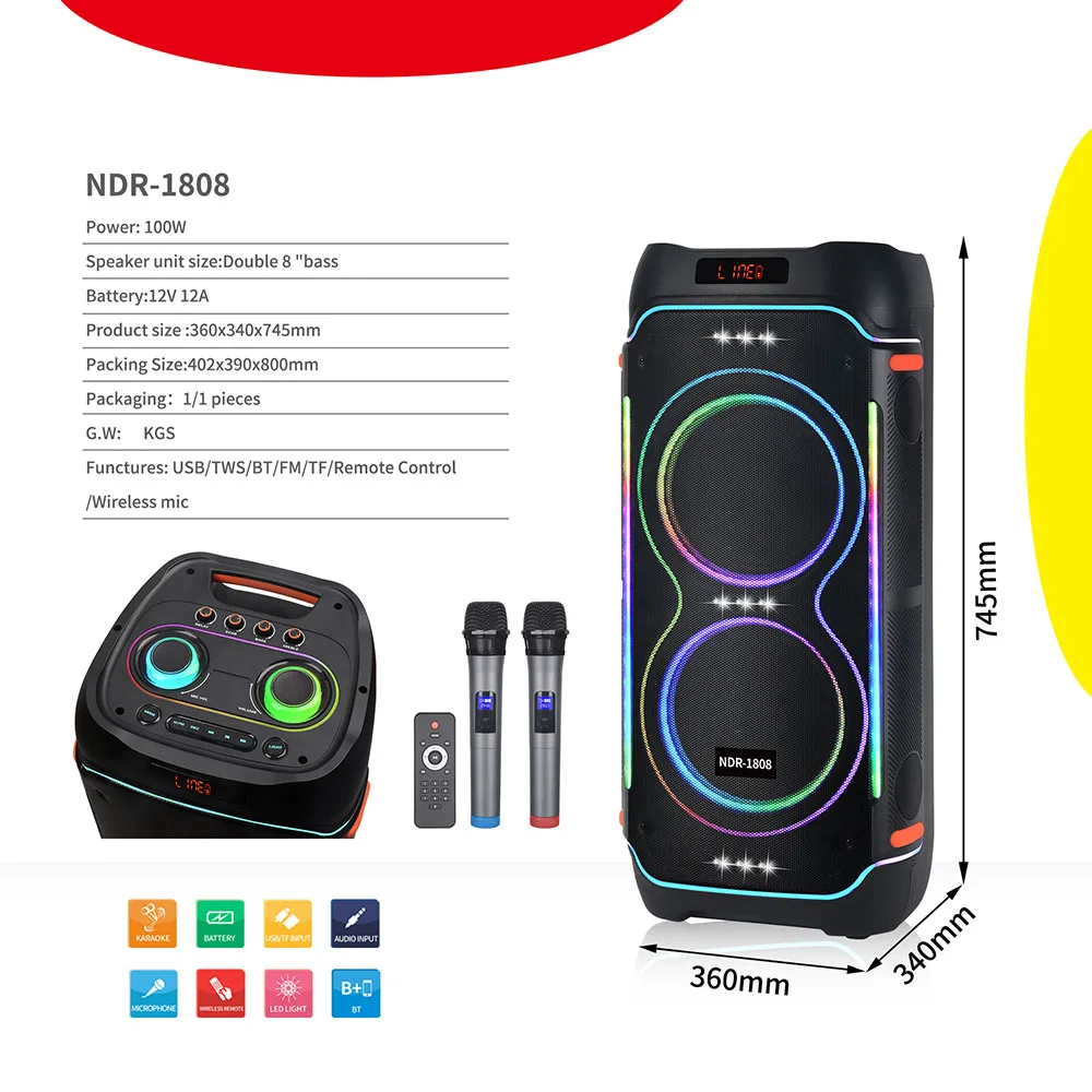 NDR1808 8 Inch Big Power Wireless Blue-tooth Outdoor Karaoke Speaker with 2 Mic RGB Light Stereo Bass HIFI Music Party Speaker