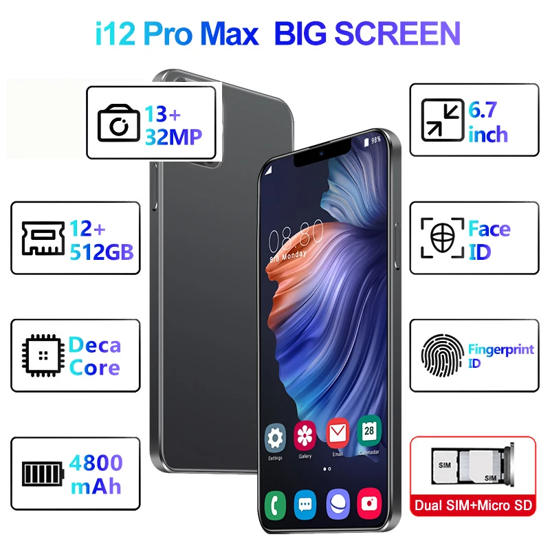 Лидер продаж, телефон 12 PRO MAX с логотипом, 12 Гб + 512 ГБ, полный дисплей 6,7 дюйма, мобильный телефон Android l12 PRO, сотовый телефон, смартфон