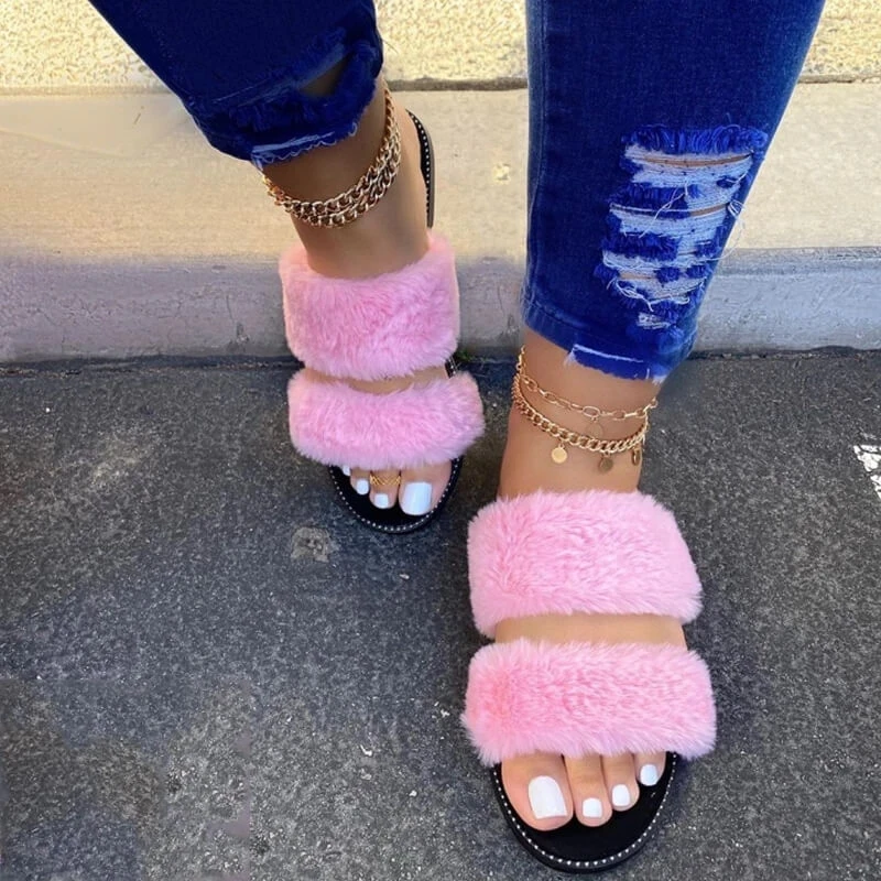 2 strap fur sandals