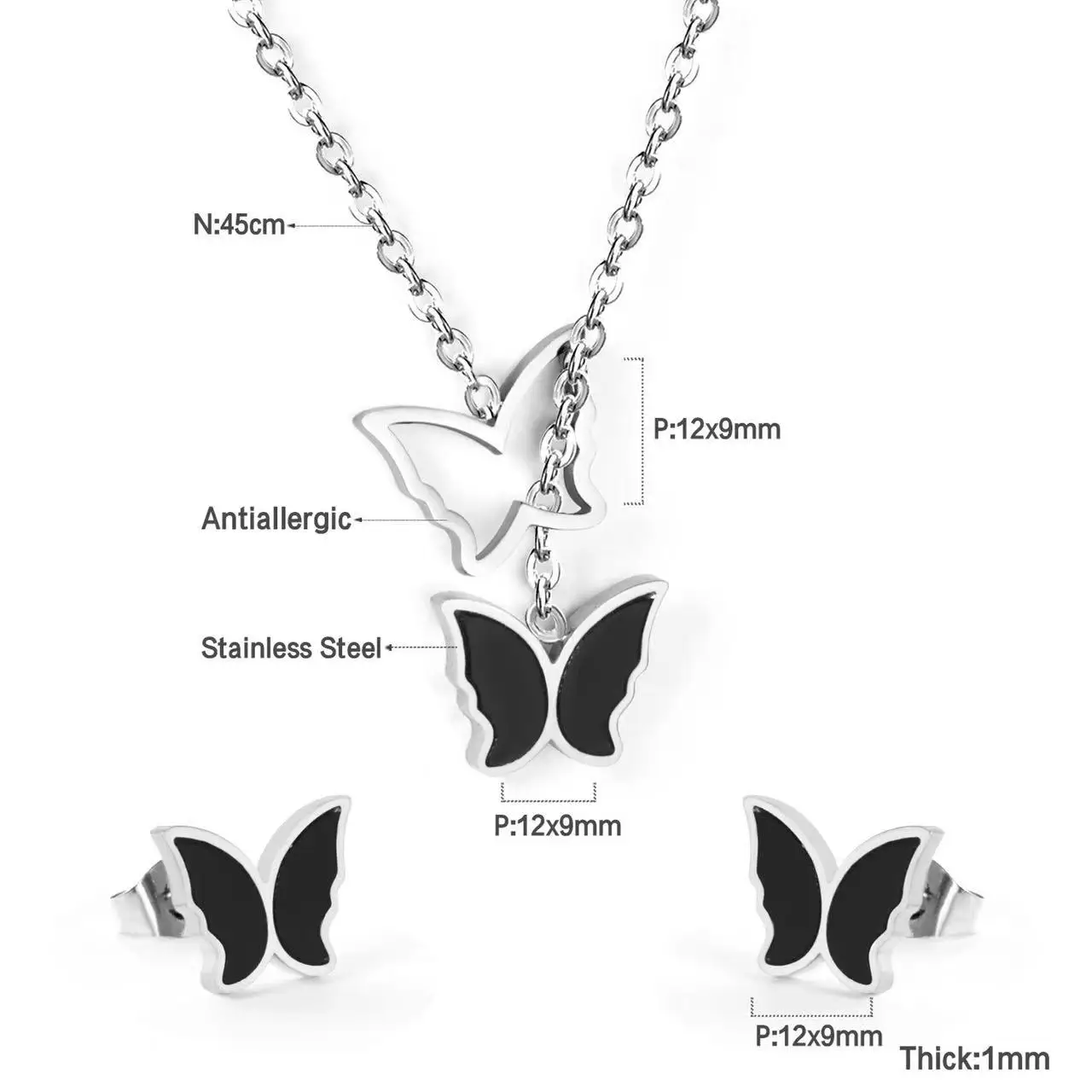 Non Fading Titanium Steel Black Butterfly Stainless Steel Necklace Stud ...