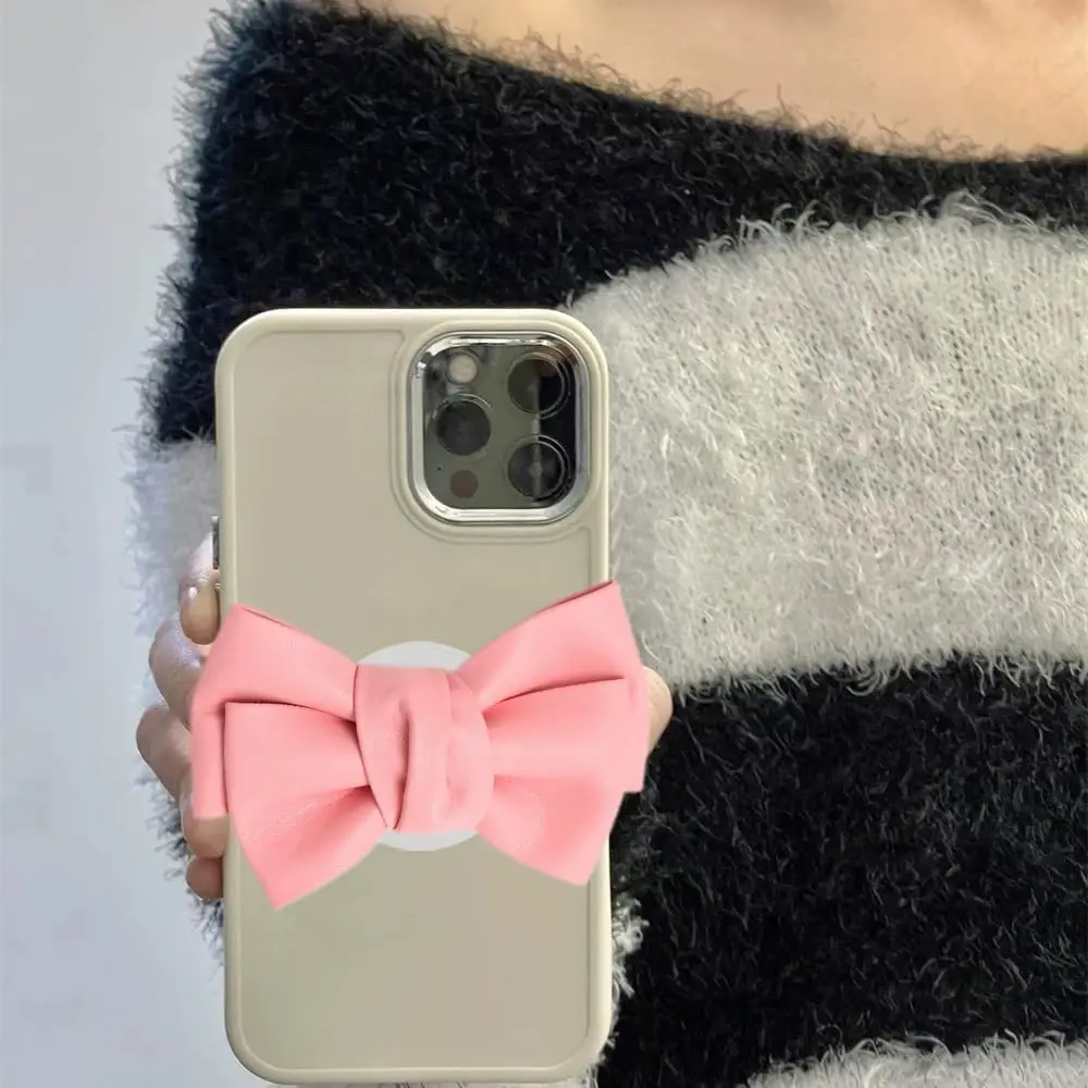 Cute Pink Bowtie Design Fashion Street Style PU Leather Grip Holders Candy Colorful Leather Phone Holder For Girls Women