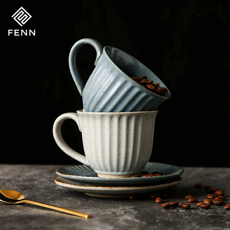 FENN Japanese Vintage 180ML high quality white red blue unique mug set 8 pieces ceramic coffee cup and saucer sets custom logo