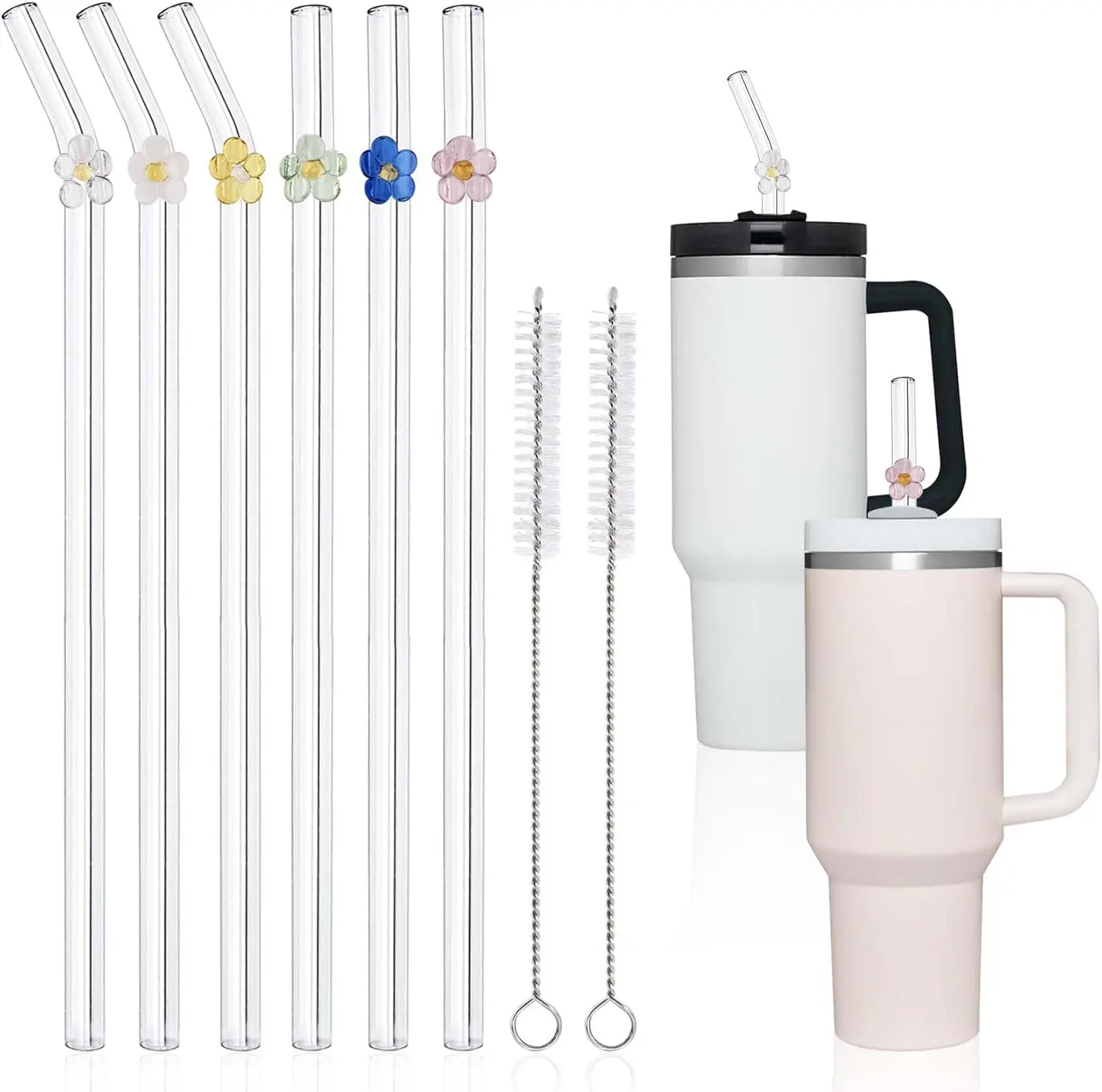 Straw with Decoration Flower Long Glass 12 Inch for Stanley Cup 40oz  Tumbler 1 Piece Customized Bar Accessories Drinking Straws