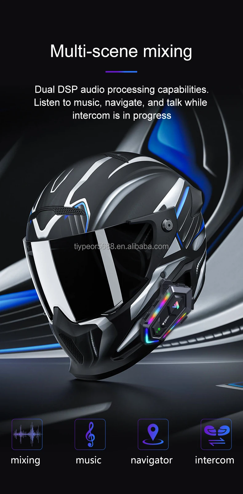 product tiypeor motorcycle helmet bt headset intercom ipx6 waterproof rgb colorful light with mixing v53 effect 1000mah battery-11