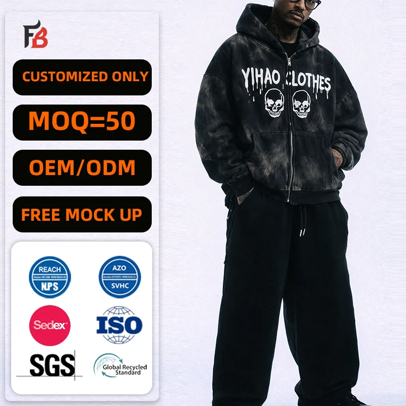 Manufacturer Vintage Streetwear Acid Wash Oversized Hoodies Custom logo High Quality Sweatpants and Hoodie Set