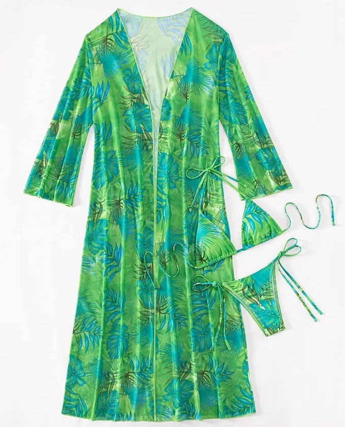 8Colors Ties Details Sexi Lady Basic Bikini Set Long Beach Kimono Print 3Pieces set Swimwear