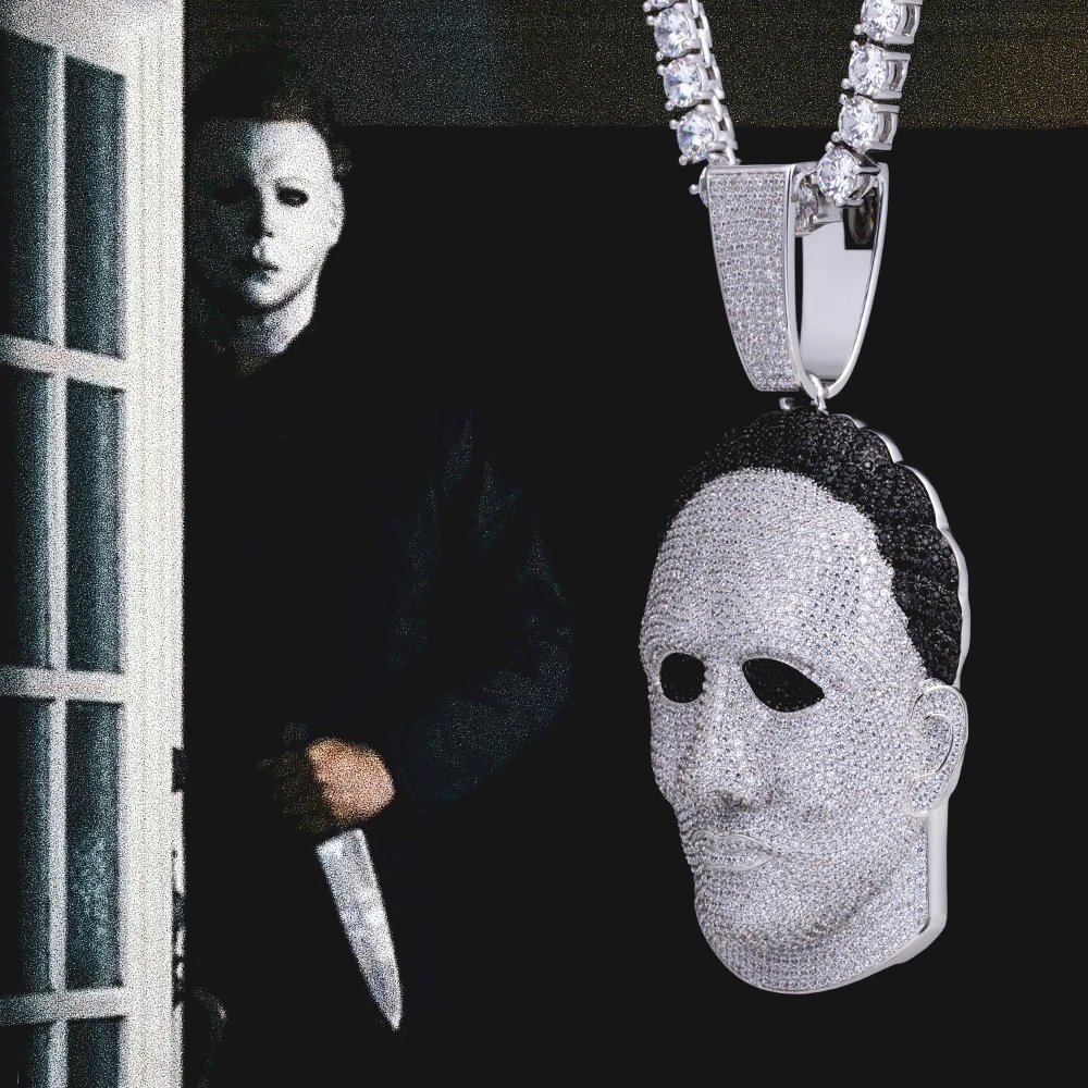 KRKC Drop Shipping Hiphop Saint Halloween Heavy Gold Iced Out Horror Scary  Ghost Custom Michael Myers Mask Pendant Necklace