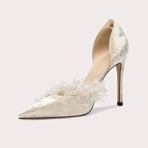 Women's Fashionable White Wedding Shoes 3-10cm Pointed Stiletto Heels Slip-On Closure Rhinestone Decoration Trendy High Heels
