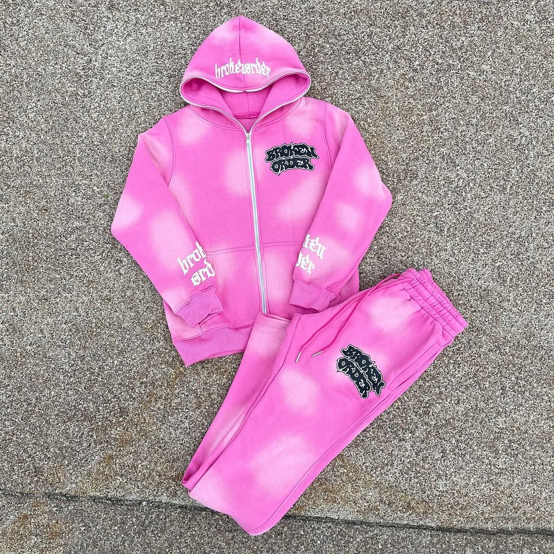 Bavlněný oblek pro běhání s kyselým praním, streetwearový oblek pro běhání s objemným potiskem a stříkacím praním, rozšířené trenýrky a bunda s kapuci se zipem celá nahoru