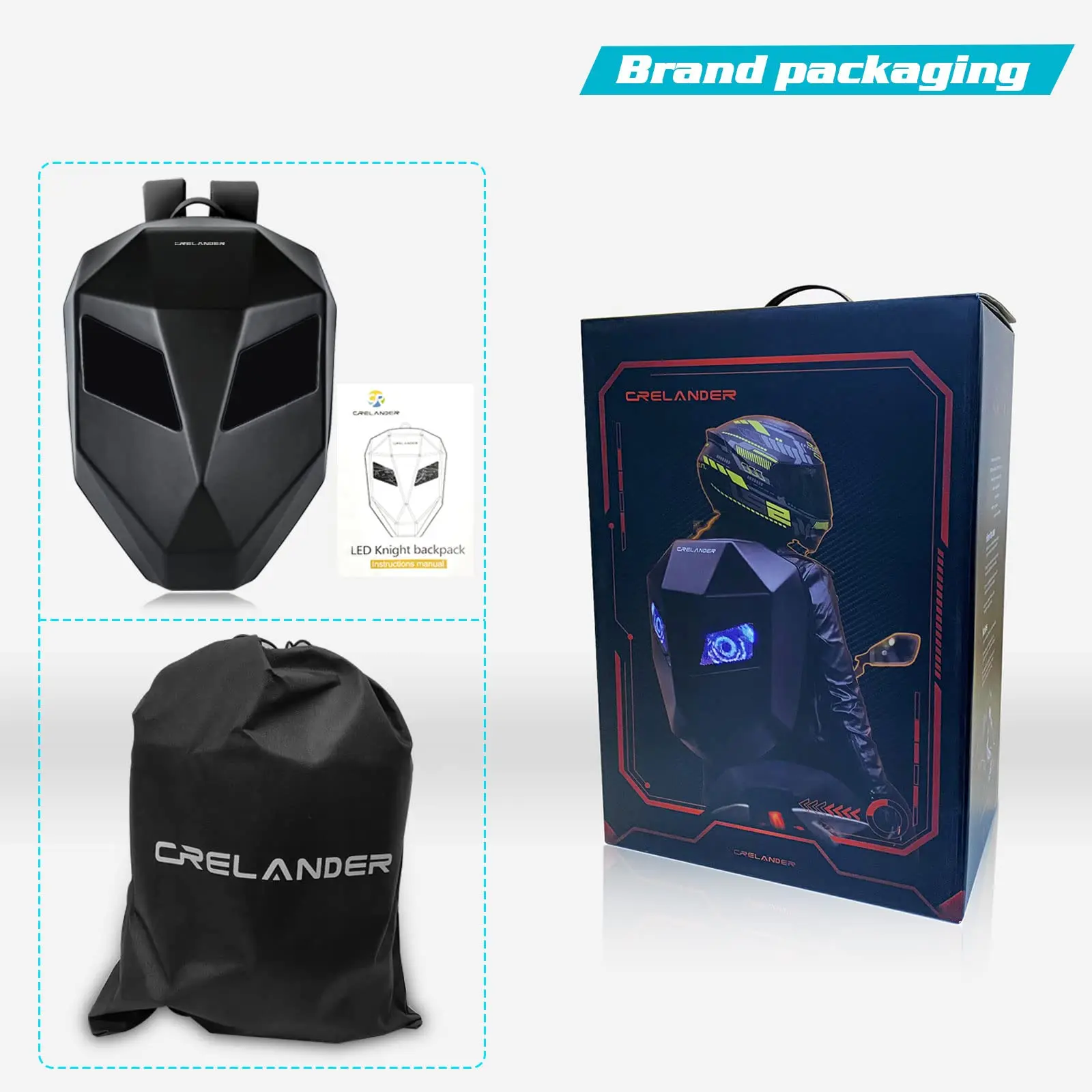 Crelander Led Knight Backpack Laptop Bag Motorcycle Riding Backpack Waterproof Hard Shell Diy