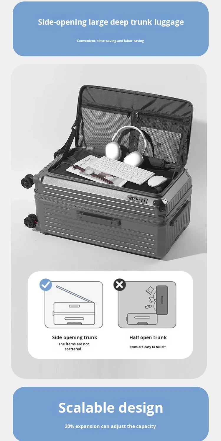30 Inch PC Zipper Side Opening Luggage Large Capacity Expandable Rolling Suitcase Carry-on Travel Case 5 Wheels manufacture