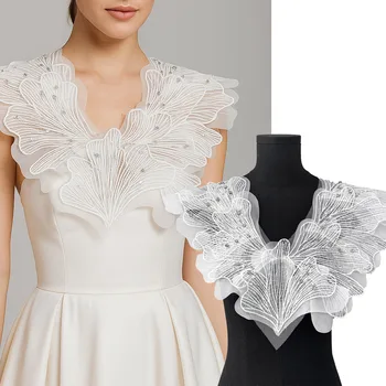Custom 3D White Beaded Lace Collar Applique Handmade Mesh Embroidery Front Neck Patch for Clothing Dress