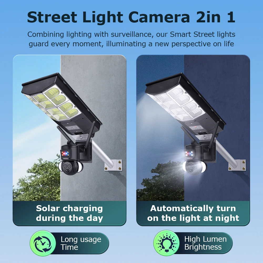 All in One Solar Street Light CCTV Camera Outdoor 10W Solar Panel Home  Garden LED 4G 6MP 12X Zoom Network Camera