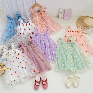 Summer Dress Clothes for Kids Casual Fly Sleeve Tulle Dress Cherry Print Dot Pattern for Toddler Butterfly Girl Princess