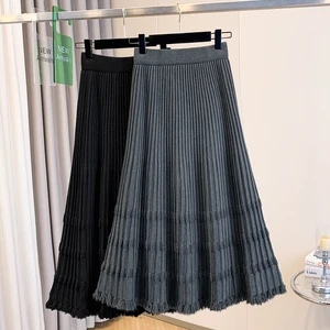 Autumn Winter Knit A-Line Mid-Length Swing Skirt Breathable Formal Empire Waistline Design Solid Pattern Storage Seasons