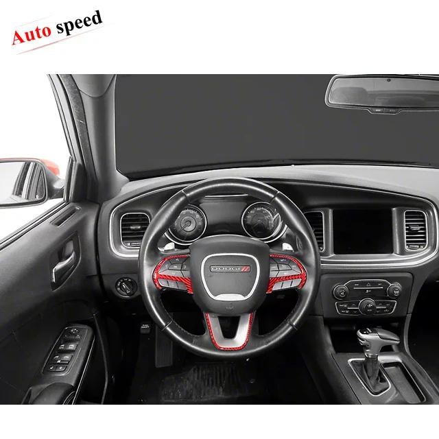 Carbon Fiber Steering Wheel Button Frame Sticker Trim for Dodge Charger LD 2015+ RT Emblem Logo Badge Interior Car Accessories