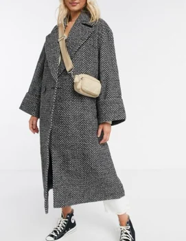 oversized herringbone coat with cuff detail double breasted down jacket