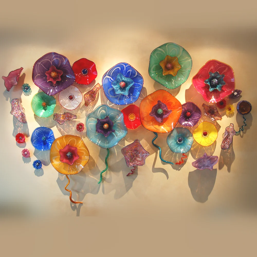 Large Handmade Multi-Color Glass Wall Decorative Plate Modern Folk Art Sculpture European Style Flowers Wall Hanging Art