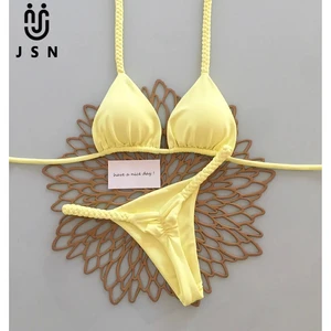 JSN 2026 Customized Fashionable New solid two piece halter backless thongs bikini for female women's sexy swimwear&beachwear