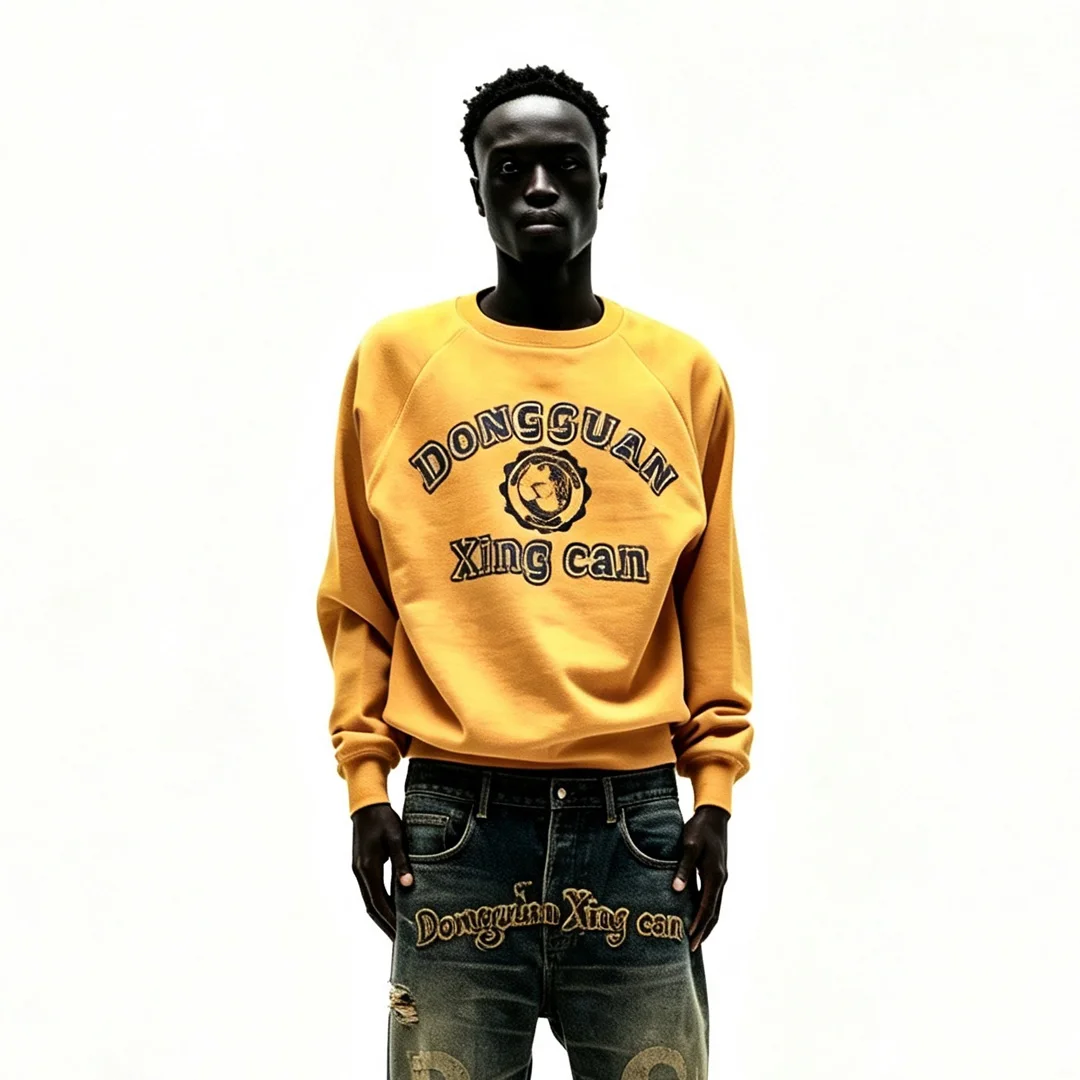 Straatklere aangepaste mans sweaters met ronde nek, borduurwerk op lapies, raglanmoue, ou-tydse wasbehandeling, swaar katoen, oorvleuelende ontspanne pasvorm