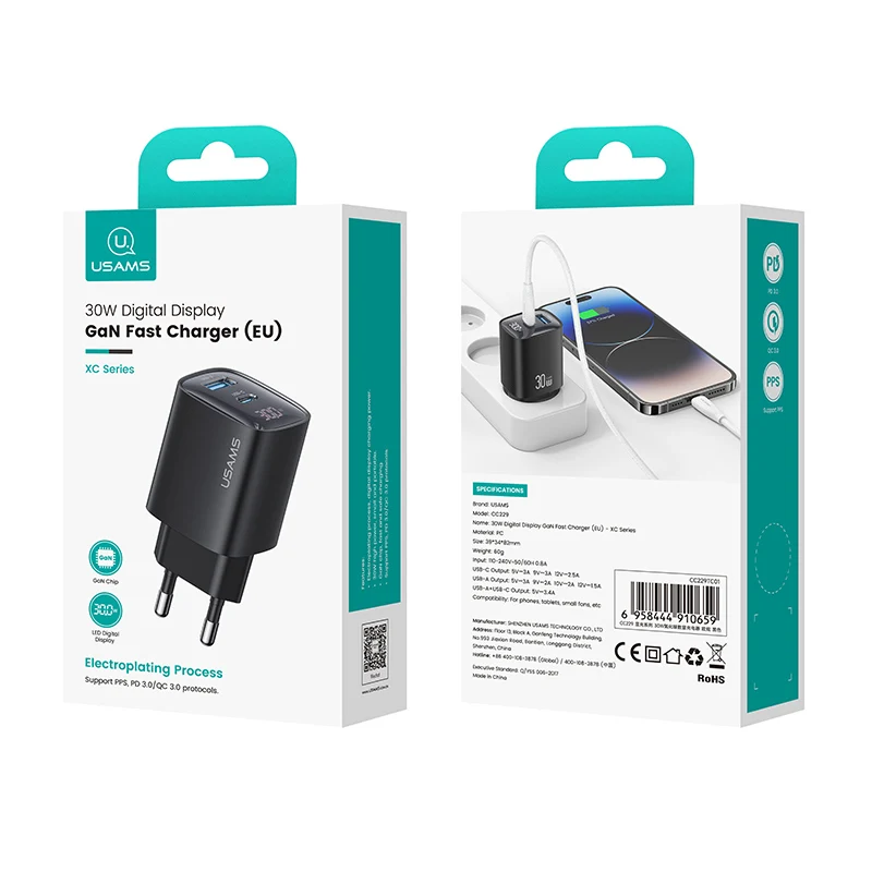 USAMS CC229 Dual USB Type C Port Wall Charger Super Fast 30W GaN Mobile Phone Power Adapter with EU Plug