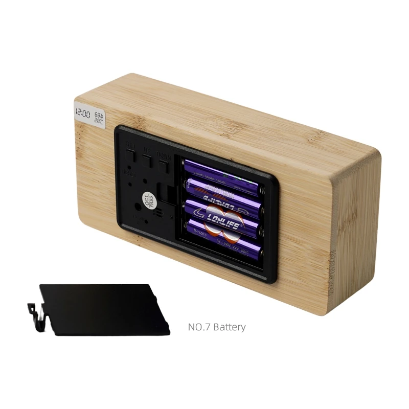 USB/Battery Powered 100% Bamboo Adjustable Brightness Voice Control Desk Large Display Time Temperature Digital Alarm Clock