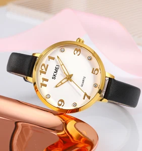 SKMEI 2028 Watches for Girls Gold Genuine Leather Strap Ladies Watch Women's Fashion Quartz Sports Watch Reloj Montres