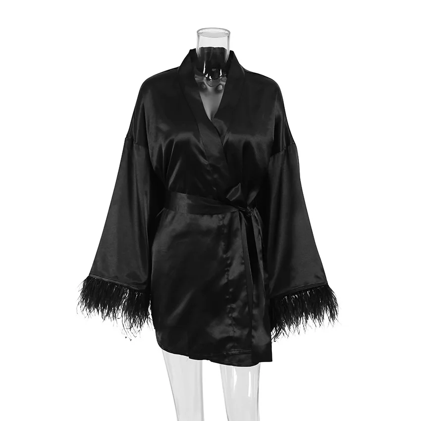 boohoo black mini dress Tropical Black Satin Mini Kimono Dress  Ino Mei