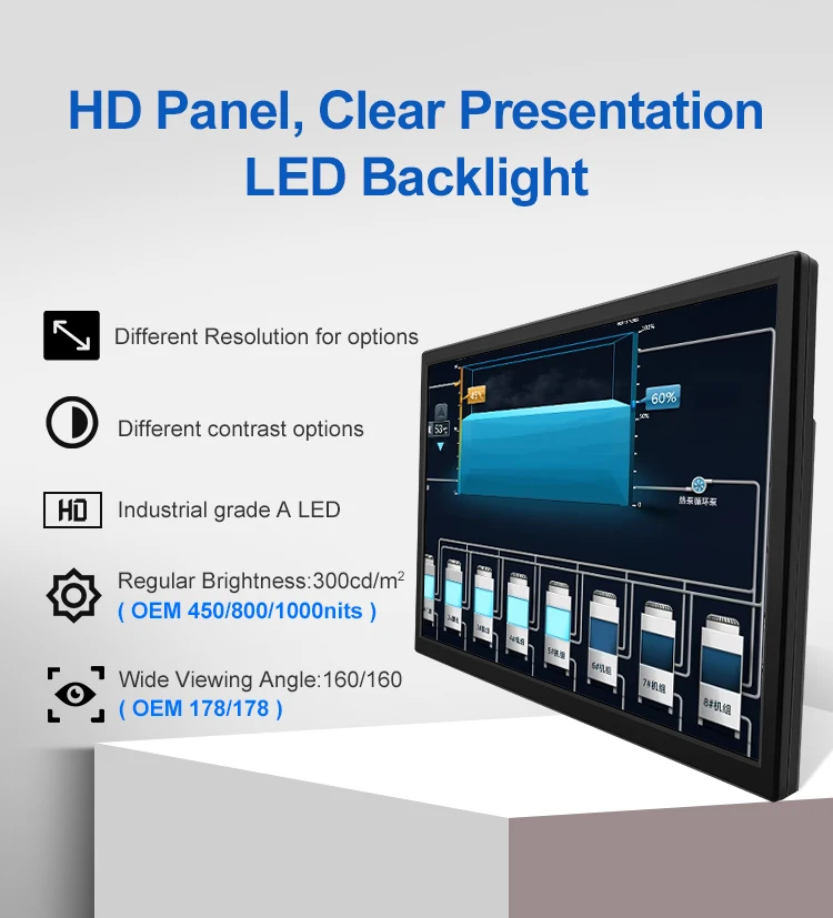 New 23.6 Inch 1920*1080 HD-MI VGA USB Resistive Touch Plastic TFT VESA Wall Mounted Industrial LCD Monitor for Business Use