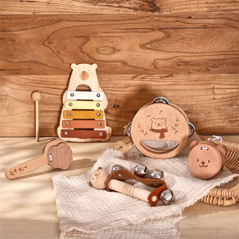 Set of 5 Bear Music Instruments Wood Percussion Piano Combination Educational Toy for Children