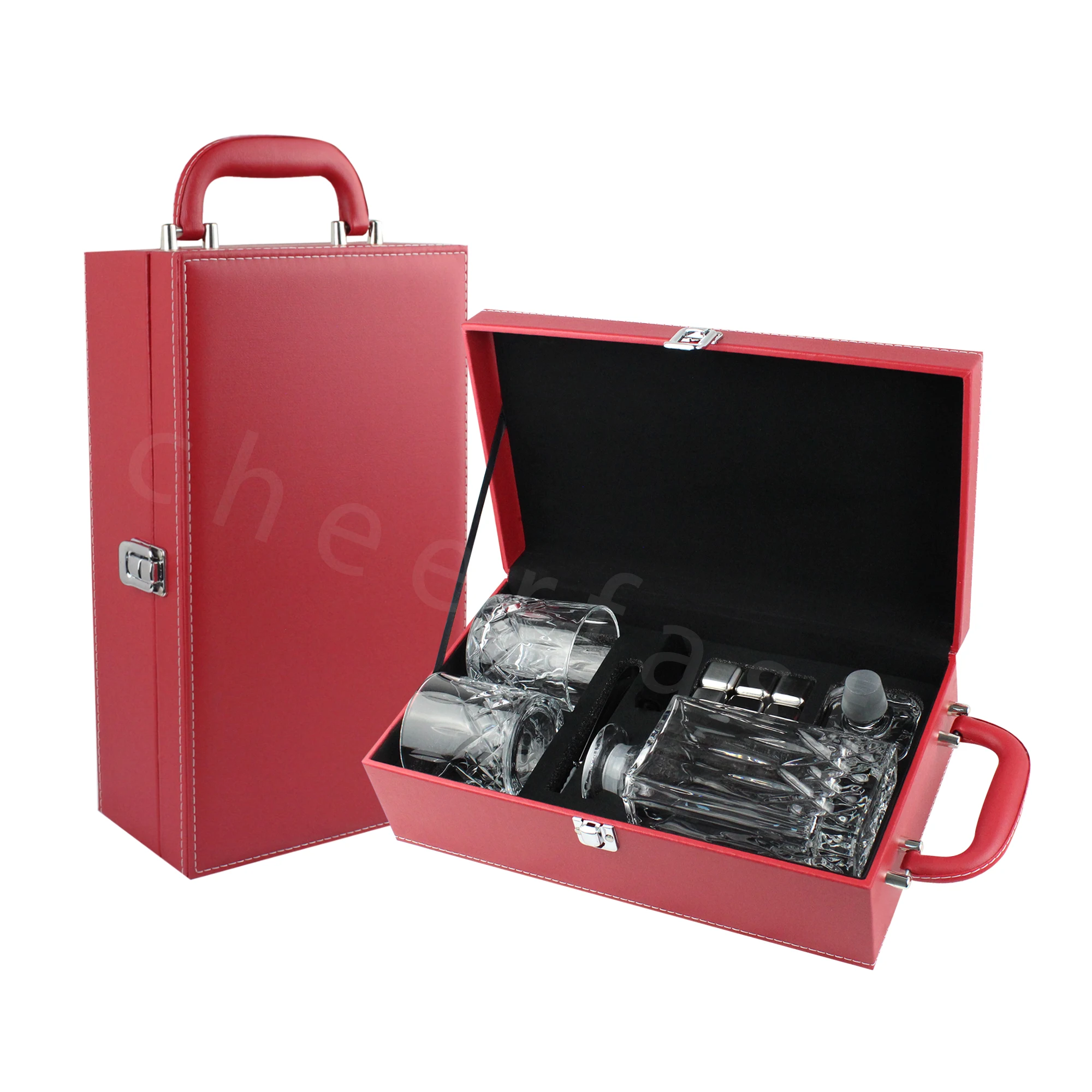 Wholesale Customize Modern Whiskey Decanter Gift Set With 2 Glasses Men Whiskey in Pu Leather Box Liquor Blank Whiskey Decanter