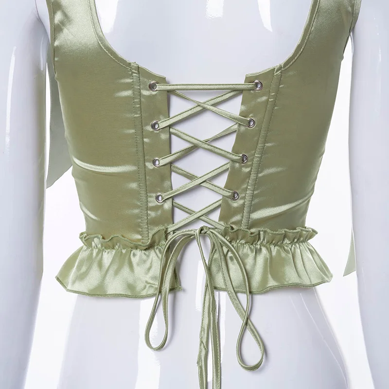 Women's Frill Smocked Crop Tank Top Bandage Bustier Corset Tie Shoulder Strap Lace-Up Corset Tops