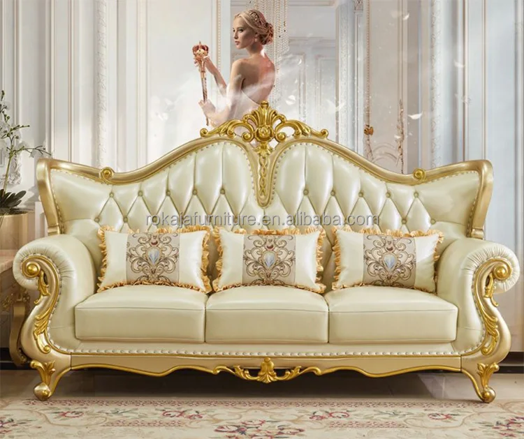 European Style Leather Sofa 123 Combination Retro Royal Sofa Luxury Villa Living Room Champagne Gold Solid Wood Carved Sofa Set