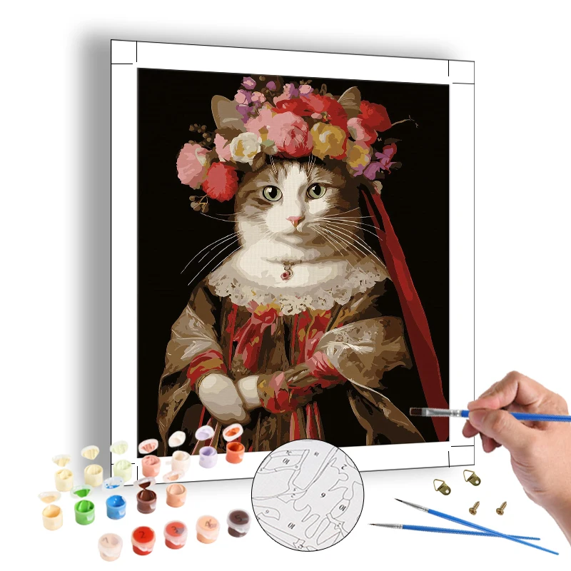 Diy Painting by Numbers Classical Painting Mrs. Cat in a Dress Funny Custom Canvas Handmade Oil Painting for Adult Home Decor