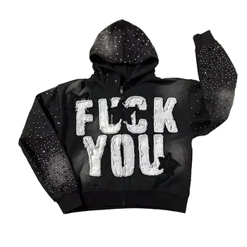 Custom Men's Distressed Solid Pattern Hoodie Embroidered Applique Rhinestone Zip up Hoodie Fleece Heavyweight Streetwear for Men