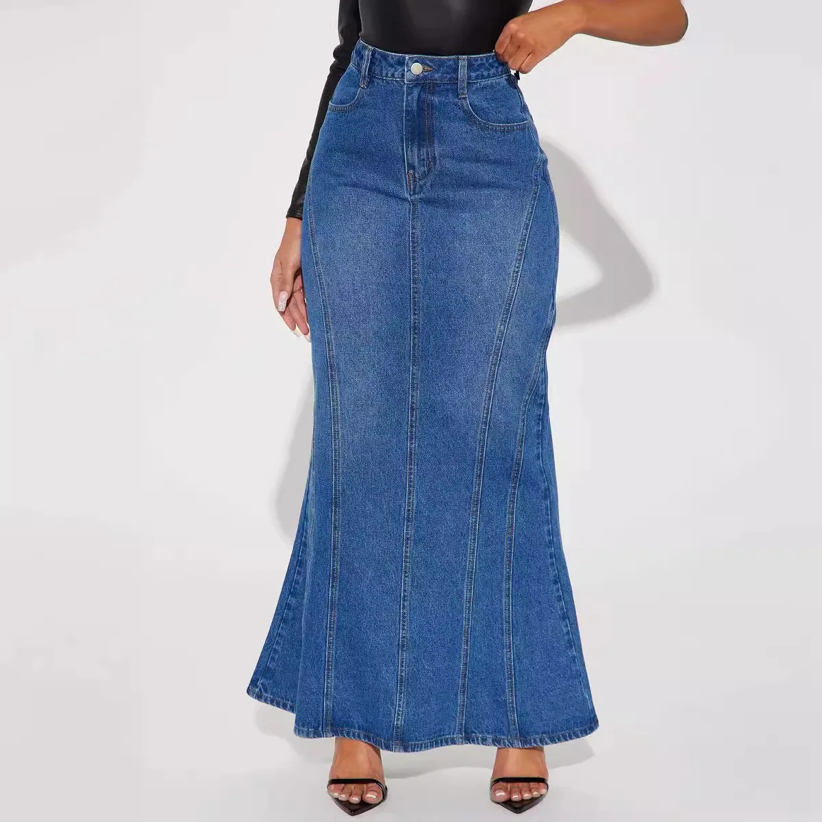 Modern Denim Casual Pockets Women Long Jeans Skirt Sexy Women Long Jean Skirts