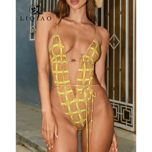 New Women's One-Piece Swimsuit: Deep V-Neck, Backless with Retro Print & Sexy Cut-Outs, Stylish Bikini-Inspired Design