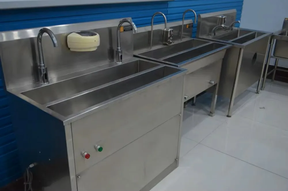 304 stainless steel industrial hand basin with foot or sensor control for food plants and slaughterhouses