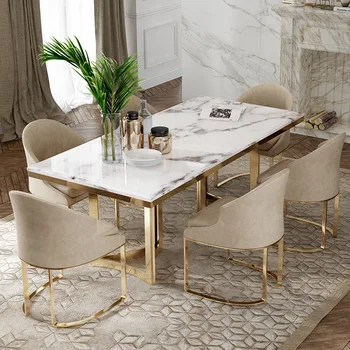 Modern Luxury golden stainless steel dining table with marble top for dining room furniture dining table set