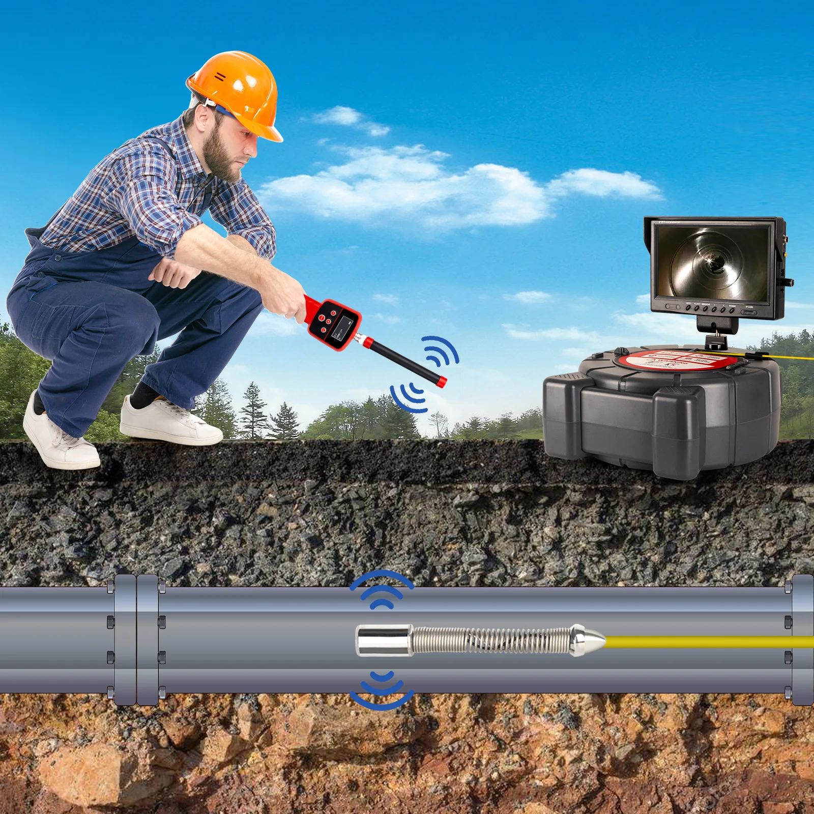 Sewer Camera 512Hz Locator&Sonde Self-leveling Meter Count 9inch HD Screen Factory Wholesale Industrial Pipe Camera Video Recording Endoscope