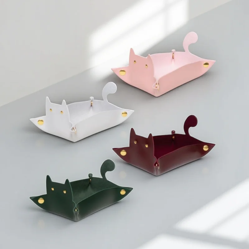 Diseño Almacenamiento del gato bandeja plegable bandeja Dados Cuero Forma de la bandeja del gato de piel del maquillaje de almacenamiento de la bandeja de la PU de la moneda clave de