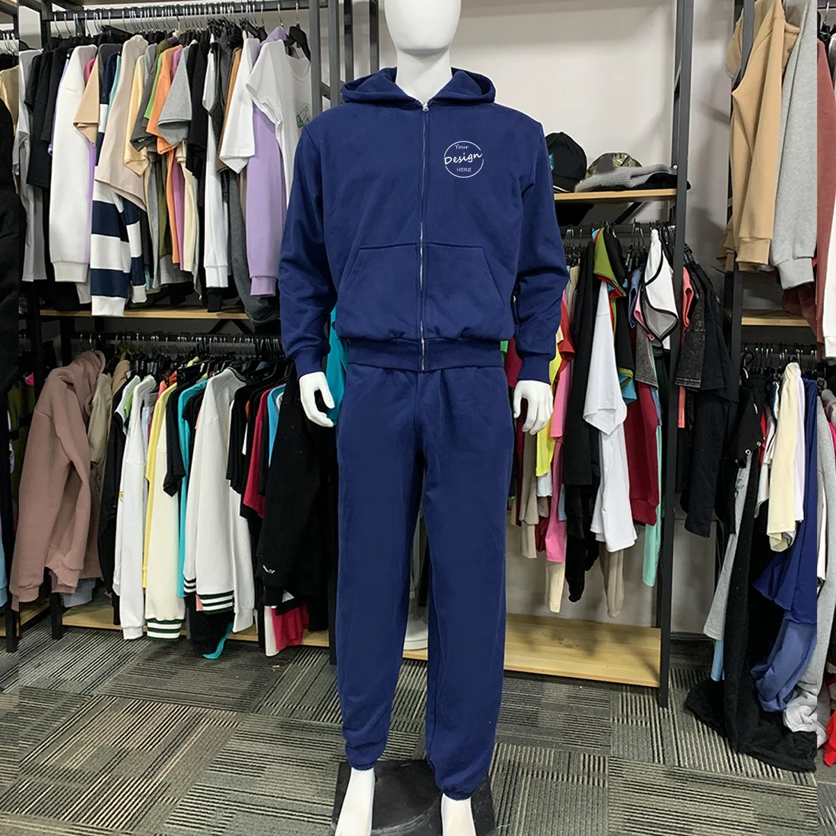 Wholesale Full Zip up Hoodies and Sweatpants Set 3d Embroidery Heavy Weight Men Tracksuit High Quality