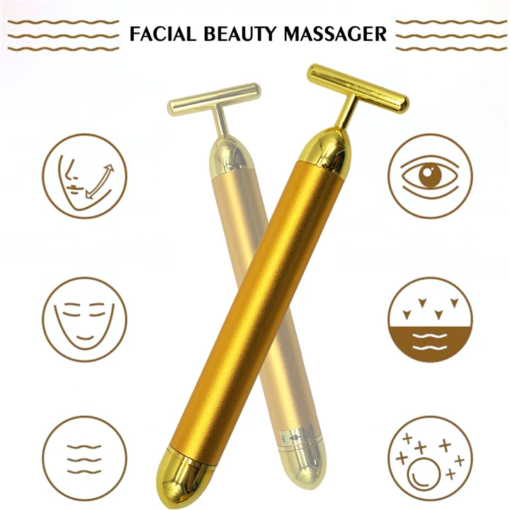 T Shape Energy Micro Vibrating Facial Roller Beauty Bar 24k Golden Pulse  Facial Massager