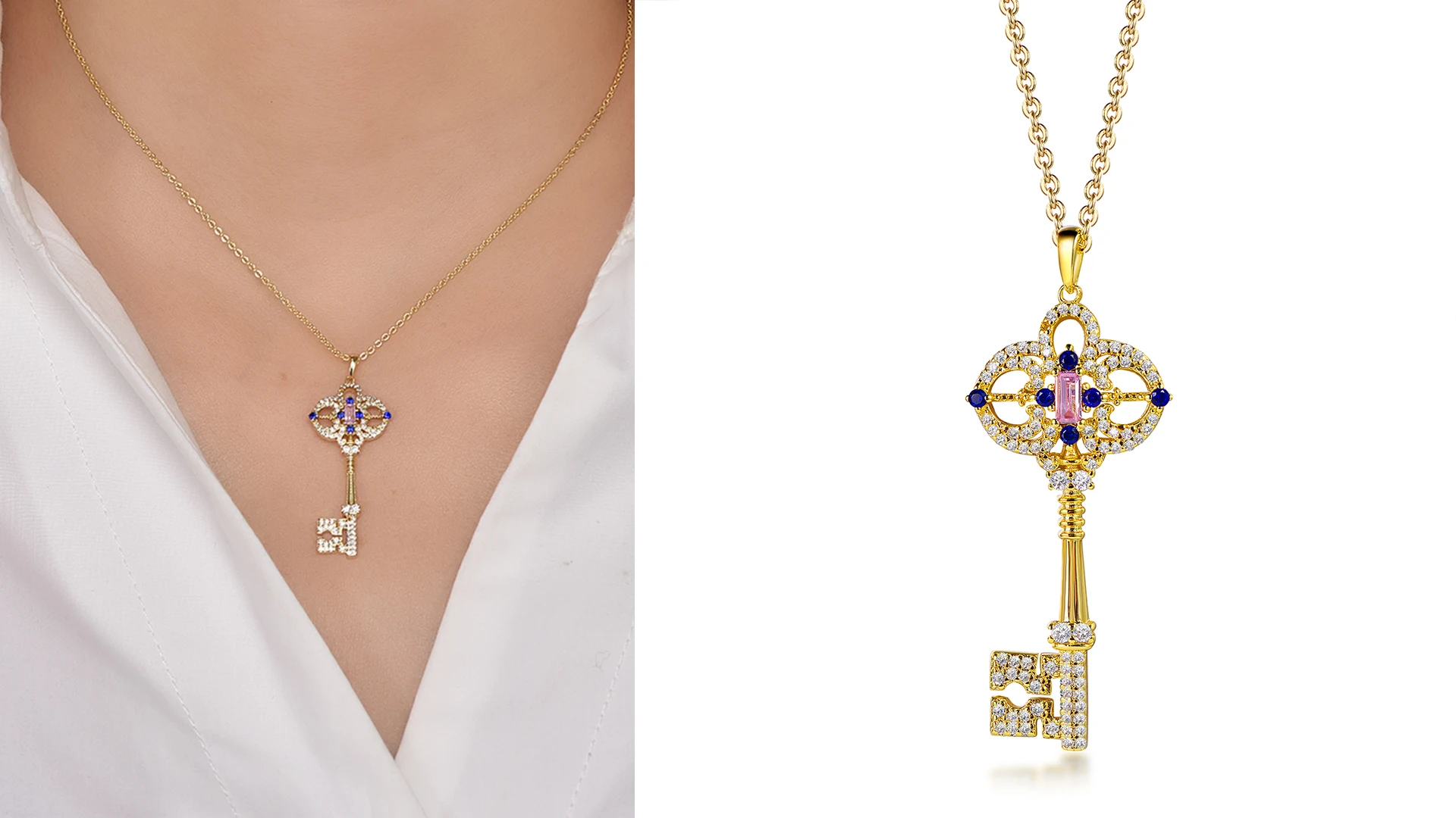 Cross Pendant Necklace for Men Sterling Silver Crystal Cross Necklace Zircon 18K Gold Key Pendant