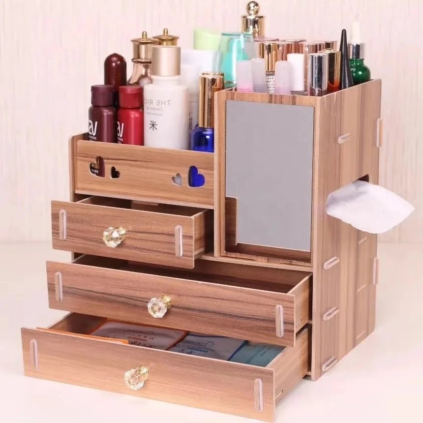 HelloWorld Large Wooden Desktop Cosmetics Collection Box Mirror South Korea Drawer Type Rearrangement of Wooden Boxes