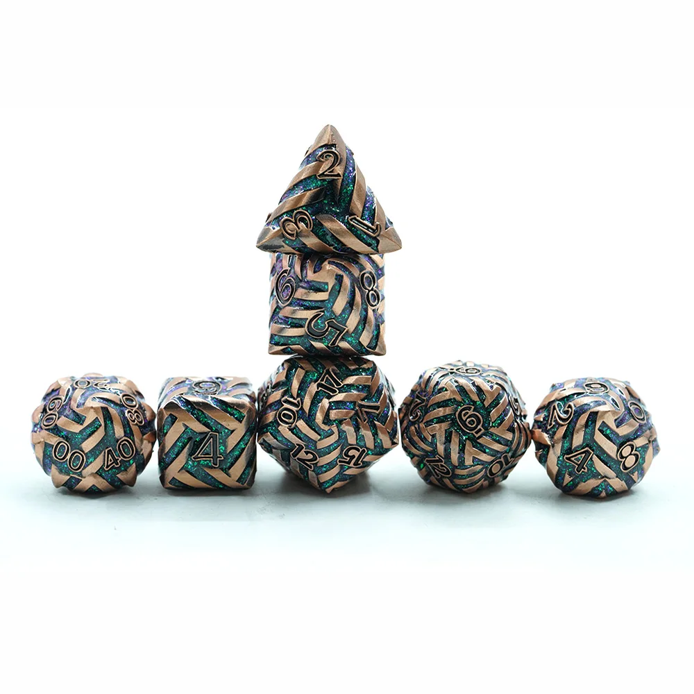 Copper-Colored Polyhedral Dice Set for DND Games Zinc Alloy Metal with Green Sparkling Mica Stripe and Black Number