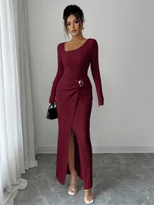 Wholesale Women's Clothing New Women's Dresses Irregular Neck Solid Color Knit Long Dress Ladies' Elegant Dress
